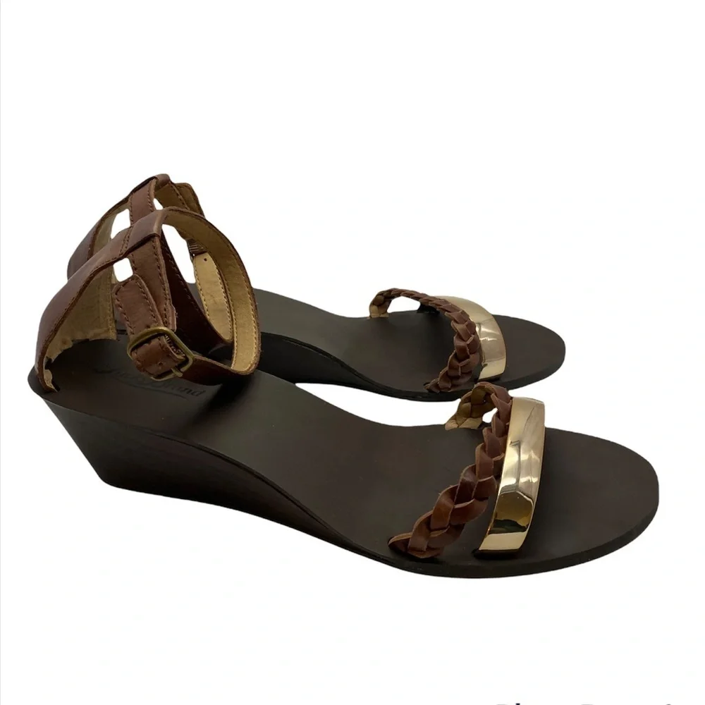 Lucky‎ Brand Ankle Strap Brown Gold Wedge Sandals women’s size 10M